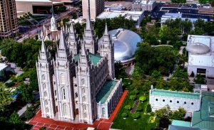 Aerial shot of the Mormon Temple in Salt Lake City